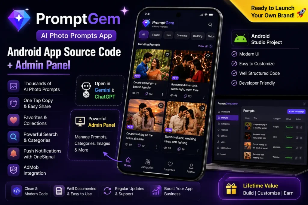 PromptGem – AI Photo Prompts Android App Source Code + Admin Panel